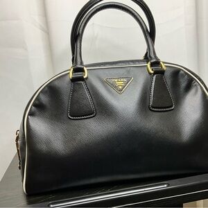 Prada Black Saffiano Dome Satchel with Gold Hardware